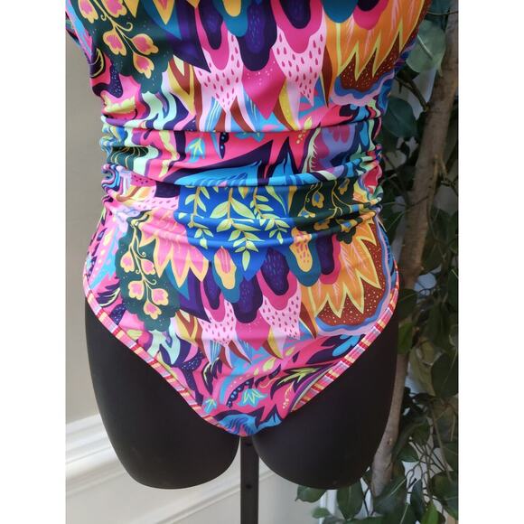 Women's Swimsuit Large Pink Floral Print Stretch O Ring Back Spaghetti Strap - Picture 6 of 7